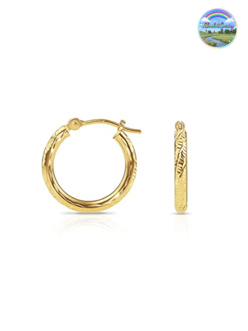 14k Yellow Gold Hand Engraved Diamond-Cut Round Hoop Earrings